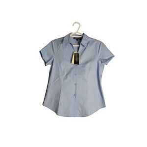 Jones New York Non-Iron Cotton V-Neck Career Blouse Short Sleeve Light Blue SZ 0
